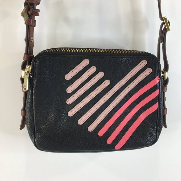 Fossil Piper Toaster Ombré Stripe Heart Leather Double Zipper Black Crossbody - Picture 1 of 16
